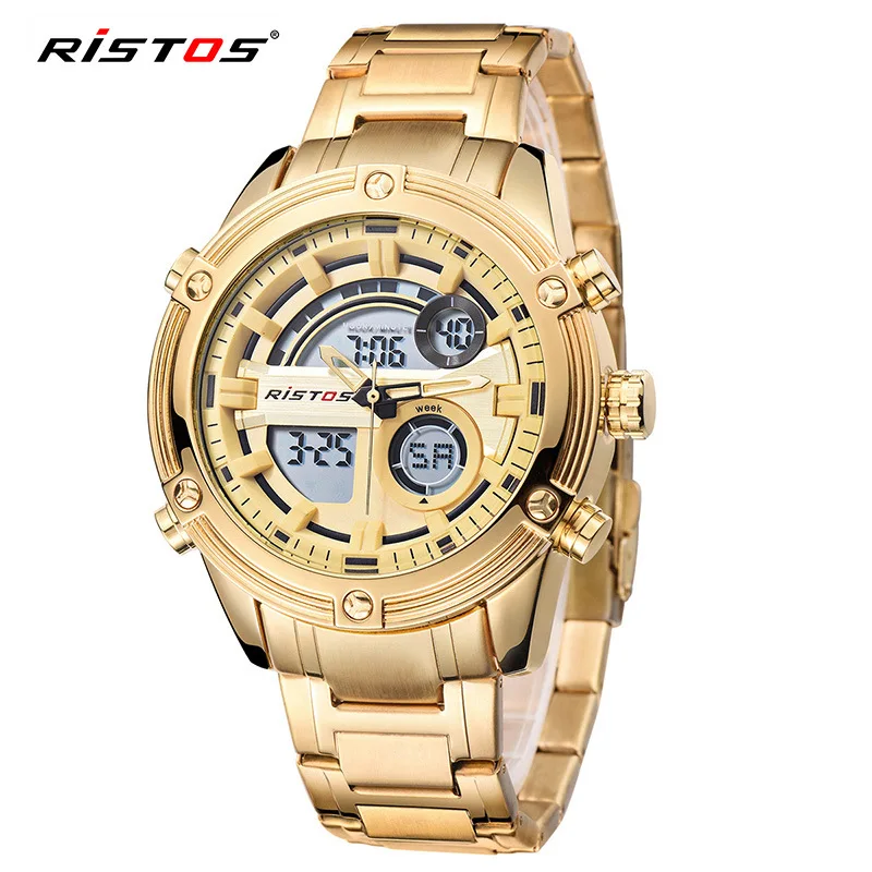 

RISTOS 9340 Multifunction Stainless Steel Analog Men Sports Watches Male Chronograph Digital Wristwatch Relojes Masculino Hombre, 4 colors