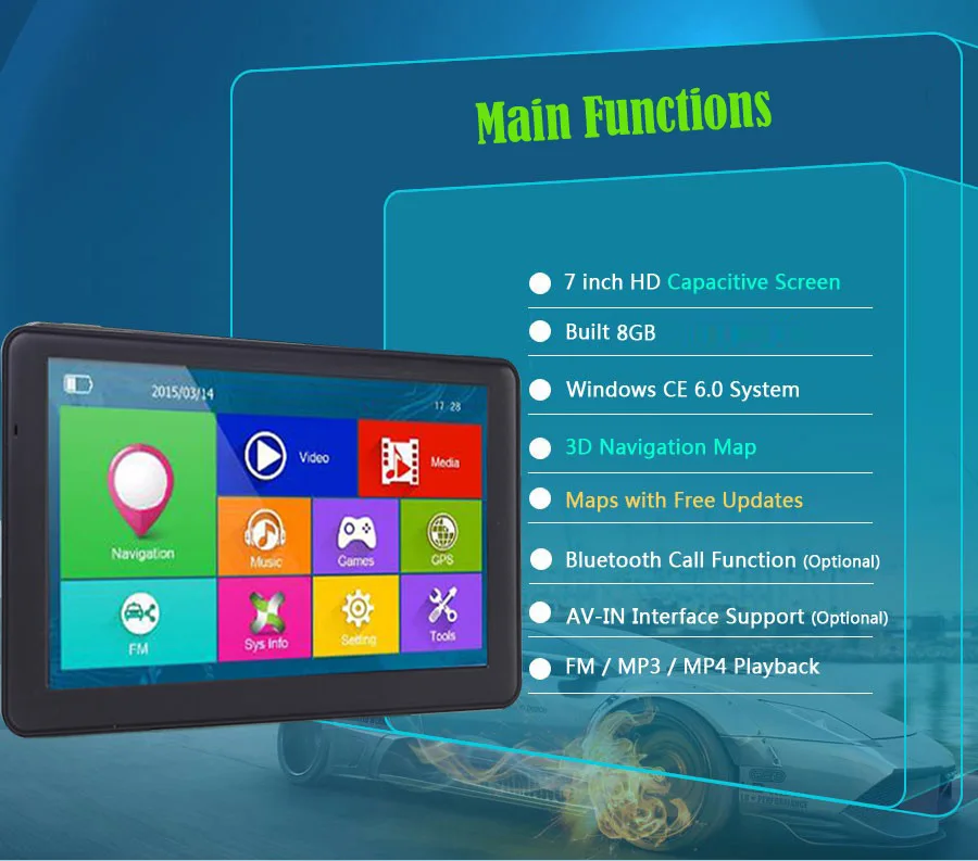 Truck SAT NAV GPS Navigation 7 inch Capacitive GPS Smart Voice Reminder 8 GB ROM 256 MB Global Navigation Satellite System