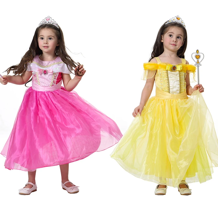 

Free Shipping Rapunzel Halloween Cosplay Costume Kids Princess Aurora Belle Costumes Beauty and the Beast Party Yellow Dress for, Pink;yellow