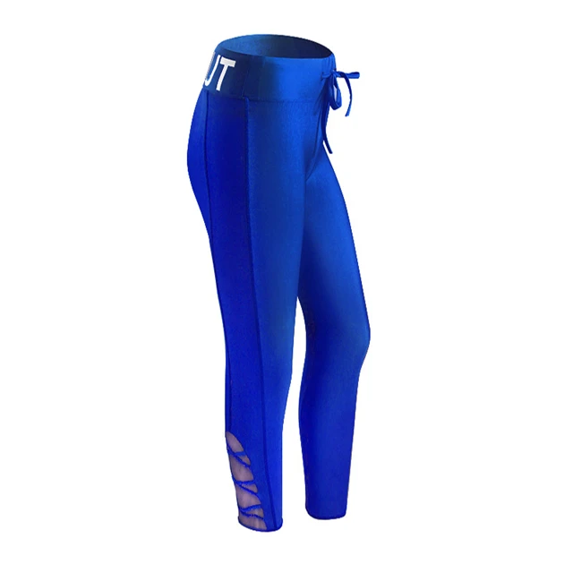 

2019 Wholesale Fluorescent fitness yoga pants high waist drawstring mesh stitching female sports nine pants, Black/green/blue/gray/purple/rose red