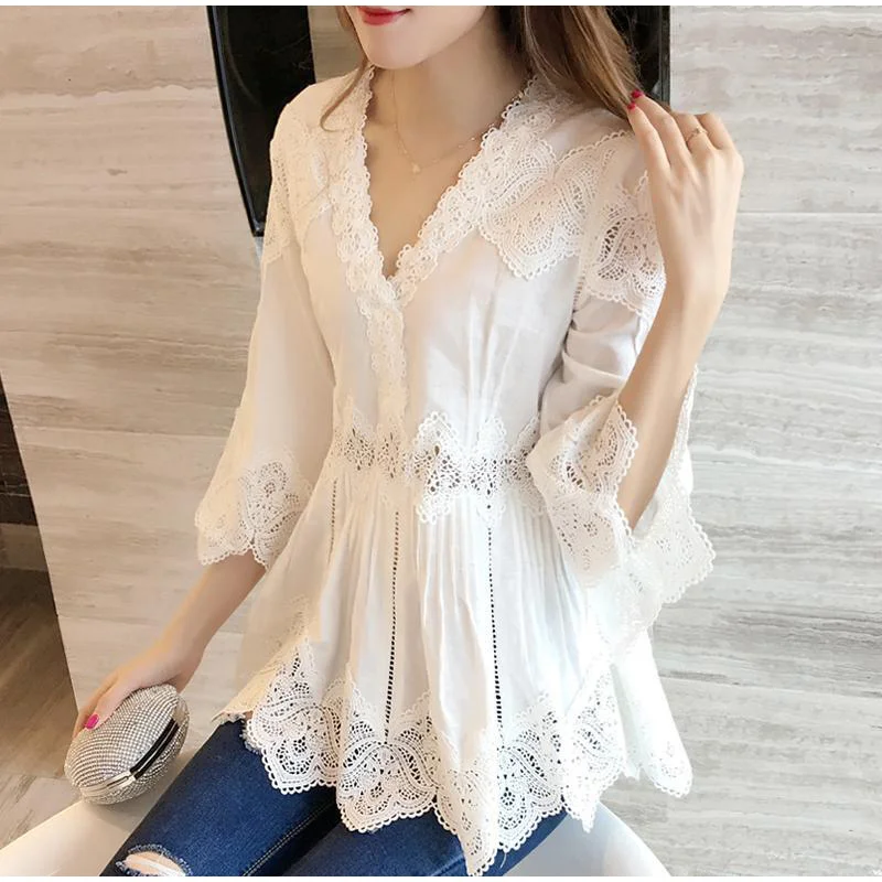 

White Lace Tunic Ruffles Women's Shirts Blouse V-neck Hollow out 3/4 Sleeve Blouses Spring Summer Patchwork Office Lady Top