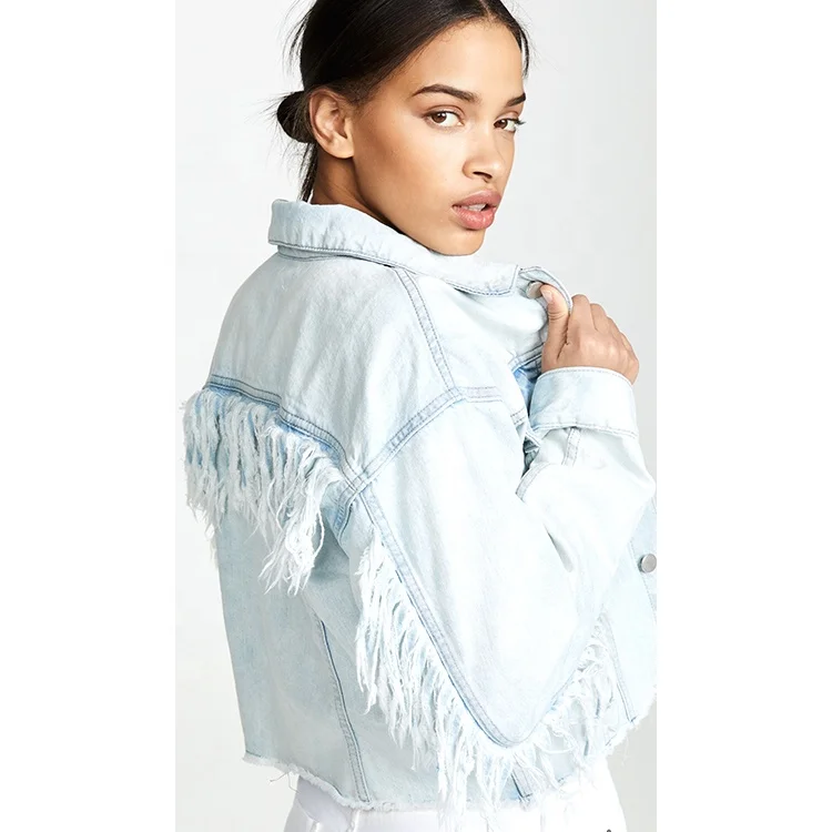 

Latest design women jeans single button fringe design fashion tassel crop denim blazer denim jean girl jacket