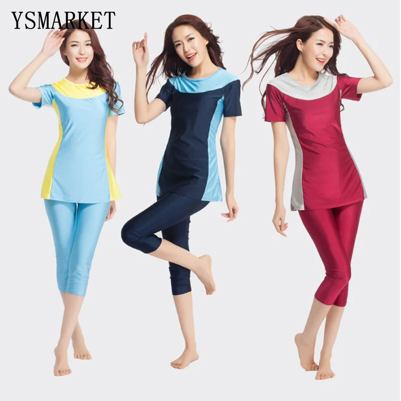 

2018 New Design Women Patchwork Fully Covered Beach Wear Muslim Islamic Short Sleeve Swimsuit Ehw10f, Can be customized