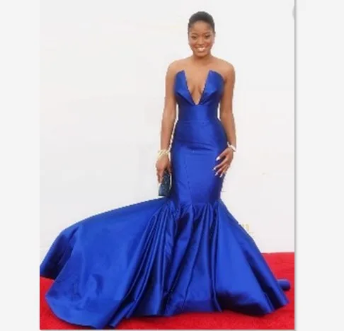 

Vintage Royal Blue Satin Fabric V Neck Mermaid Wedding Dress WF944
