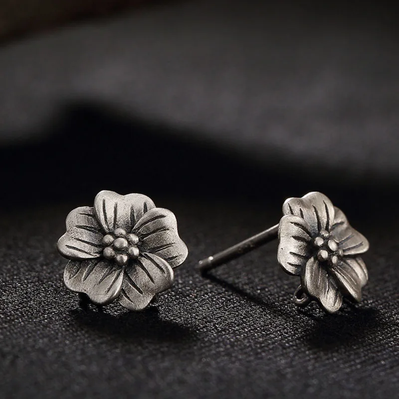 

Real 925 Sterling Silver Handmade Engraved Retro Plum Flower Studs Earrings Ethnic Brincos Women Fine Jewelry Bijoux