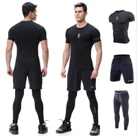 

Men's Dry fit T-shirt Gym Running Shorts Capri Leggings Three Pieces Fitness High Compression Garment Clothing Sets for Man