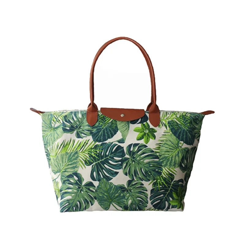 Promotional Tropical Leaf Print Canvas Handbags Women Big Capacity ...