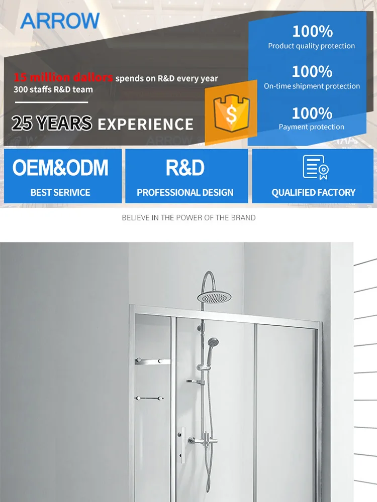 ARROW Brand Foshan manufacture translatioanal 8mm thick bend tempered sliding glass shower door