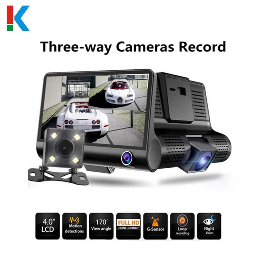 4 Inch Fhd 1080p Car Dvr 3 Camera Lens Dash Cam Vision Driving Video ...