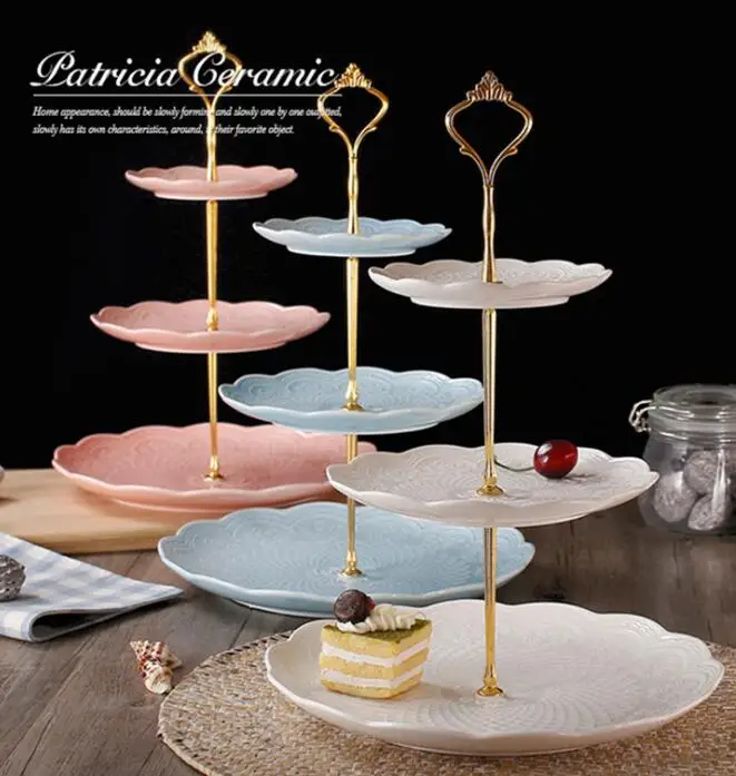 

3-tier Pink Ceramic Cake Stand/Tea Party Pastry Serving Platter/ Food, Pink,white,blue