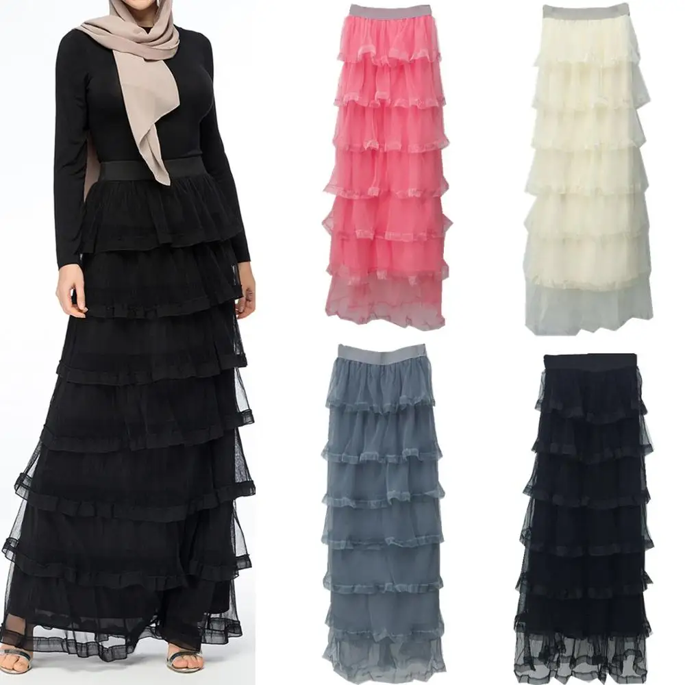 

2019 Fashion 4 Colors mesh with full lining Maxi Muslim Skirts for Muslim Girls, Purple,dark green,white, black