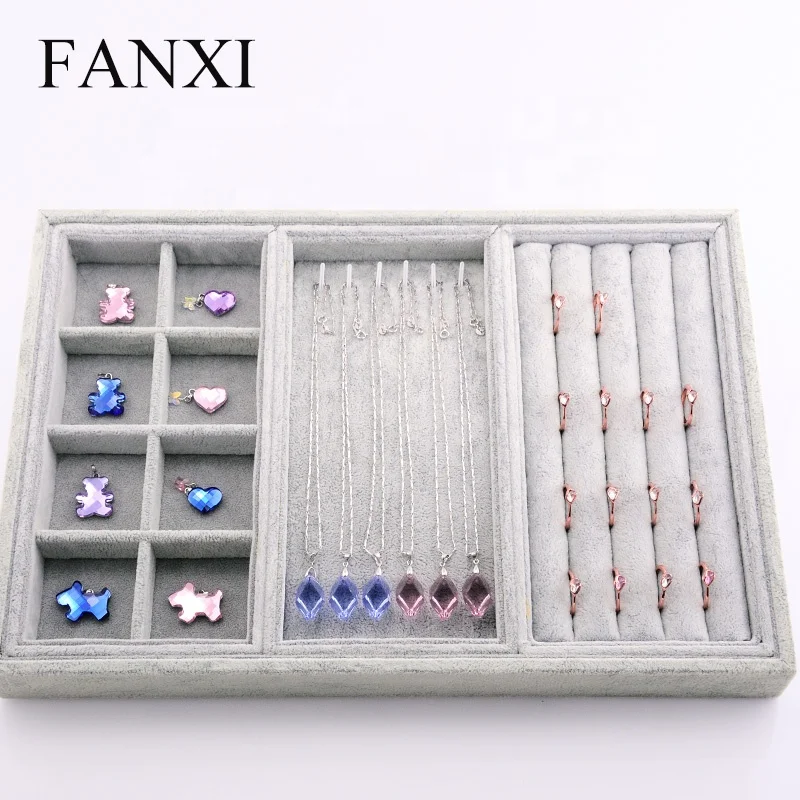 

Wholesale factory custom stackable white lacquer jewelry shop exhibitor holder with velvet insert wooden jewellery display trays
