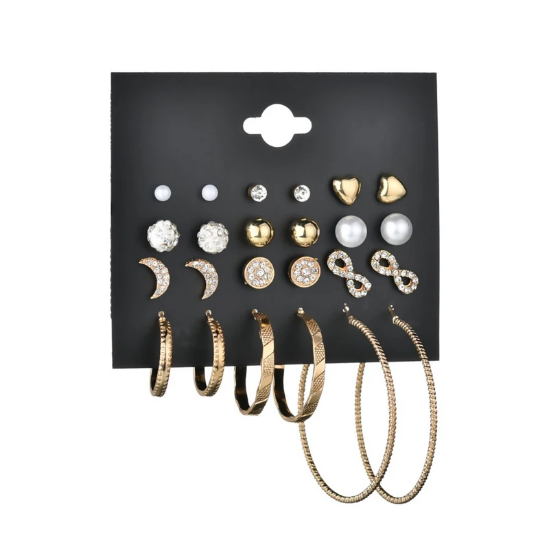 

New Earrings Sets Gold Silver Small Big Circle Earrings for Women Heart Moon Bow Crystal Pearl Stud Earring Sets, As picture