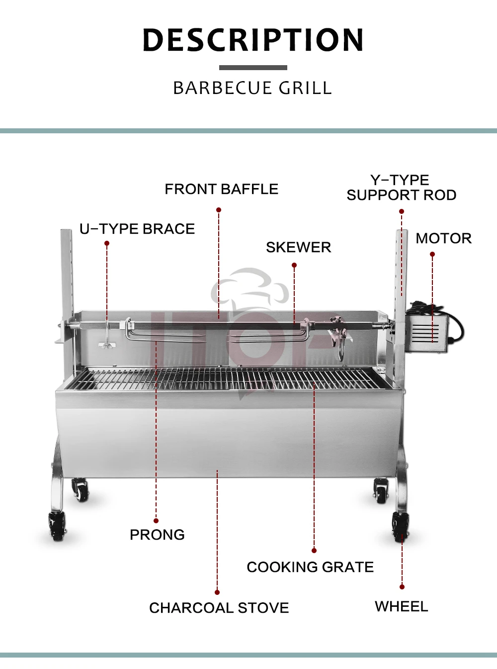 Outdoor large stainless steel hog lamb charcoal barbeque bbq rotisserie spit roaster with 100kg electric motor grill