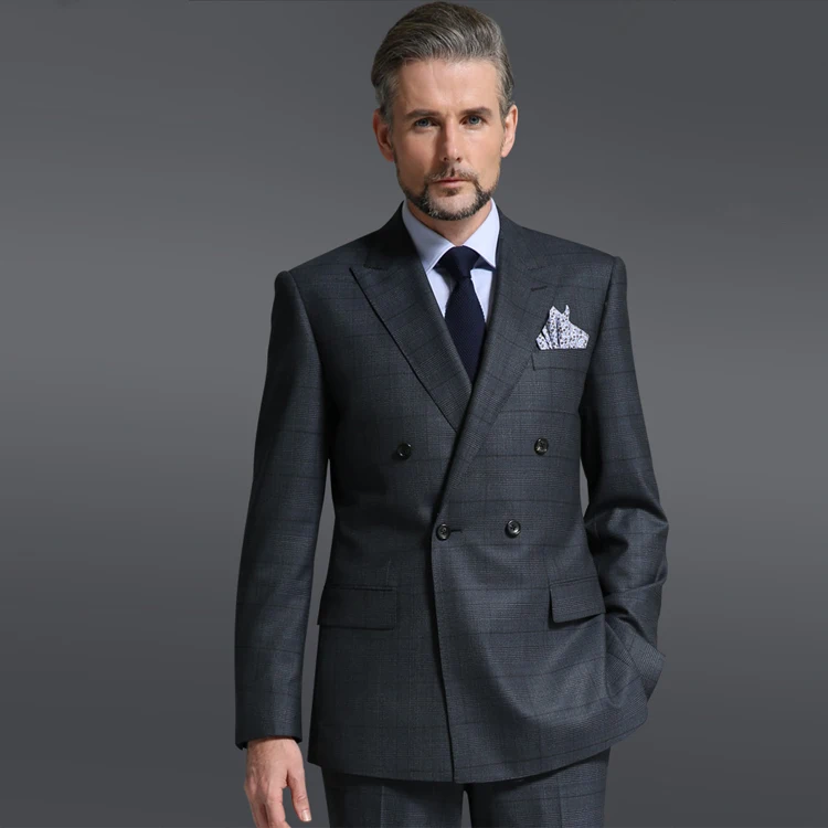 

New Men's new style business suit 100% wool dark gray checks double breast buttons half-canvas suit