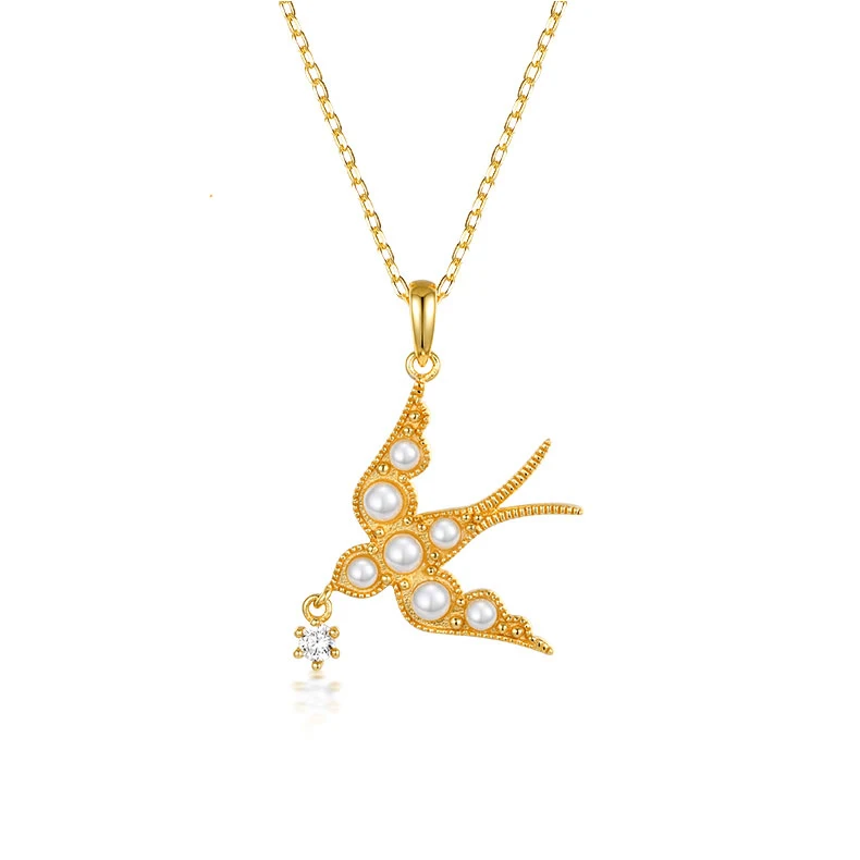 

Sterling silver dainty animal jewelry vermeil gold swallow bird pearl necklace