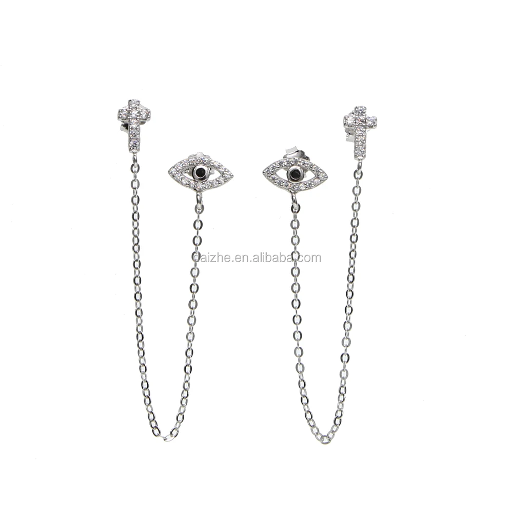 

unique new design tiny small dainty cz cross evil eye charm with chain double hole women 925 chain earring