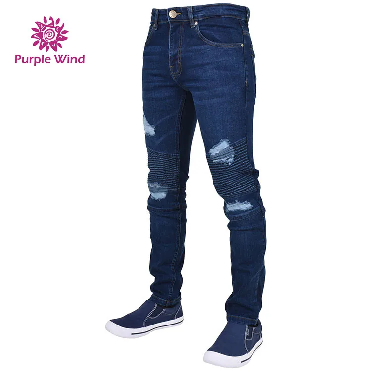

Luxury fashion denim men biker distressed stretch jeans pants dark blue color