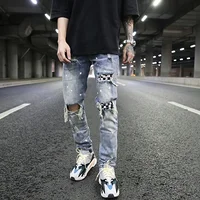 

High quality color block patch hole distressed skinny ripped jeans washed slim fit jogger pants casual streetwear dropshipping