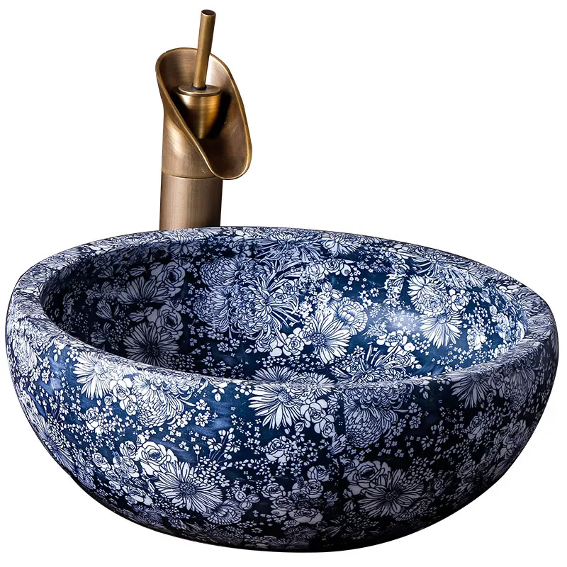 

Ceramics basin sink blue and white hand painted porcelain ceramic wash basin round bathroom sink