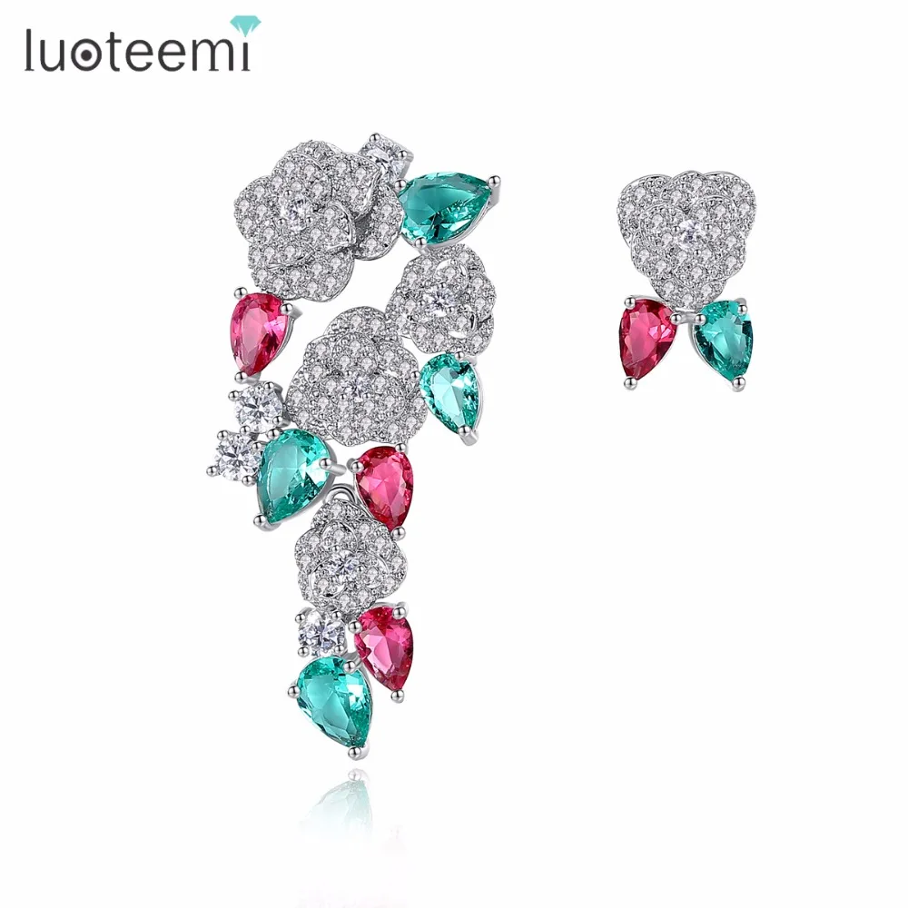 

LUOTEEMI Unique Bohemia Stylish Multi Waterdrop CZ Rose Flower Shape Stud Earrings for Women Fashion Jewelry Brinco Gift