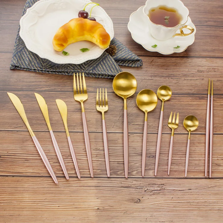 

Stainless Steel Gold Spoon Fork & Knife Cutlery Set, Gold plated+pink handle