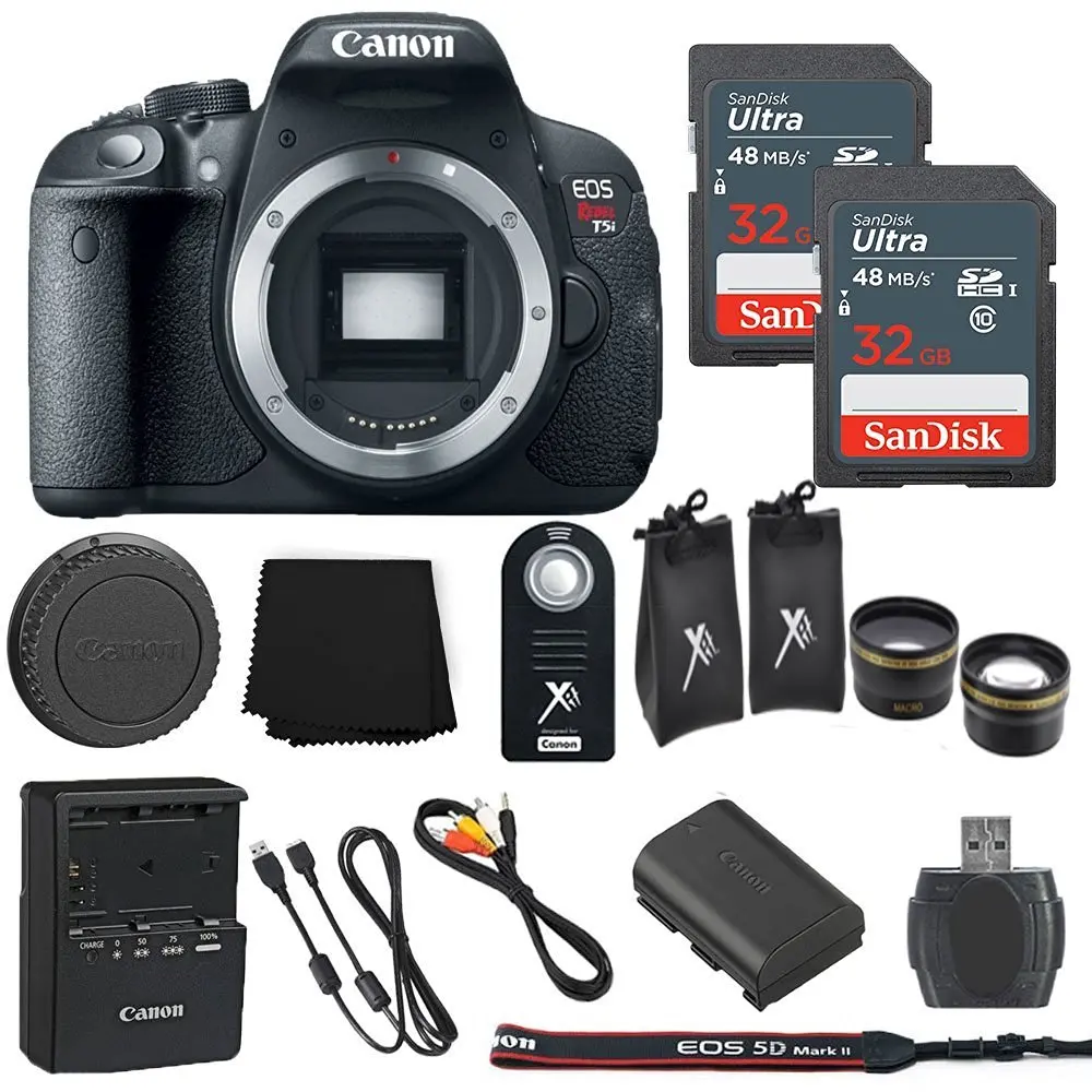 Canon EOS Rebel T5i 18MP Digital SLR Camera Body Only + 2 32GB Sandisk Ultra SD Cards + Macro and Wide Angle Auxiliary Lenses + Wireless Shutter Remote+ Memory Card Reader - International Model