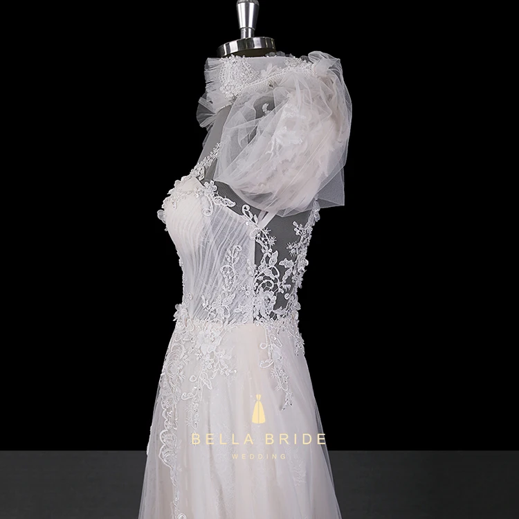 Delicate Lace Beading Beige Sheer Back Long Sleeve Ball Gown