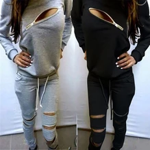 2015 Fashion Zipper Hollow Out Women Tracksuits Sport Suit O-Neck Long sleeve Women Hoodies 2 Piece Set Jogging Moletom Feminino