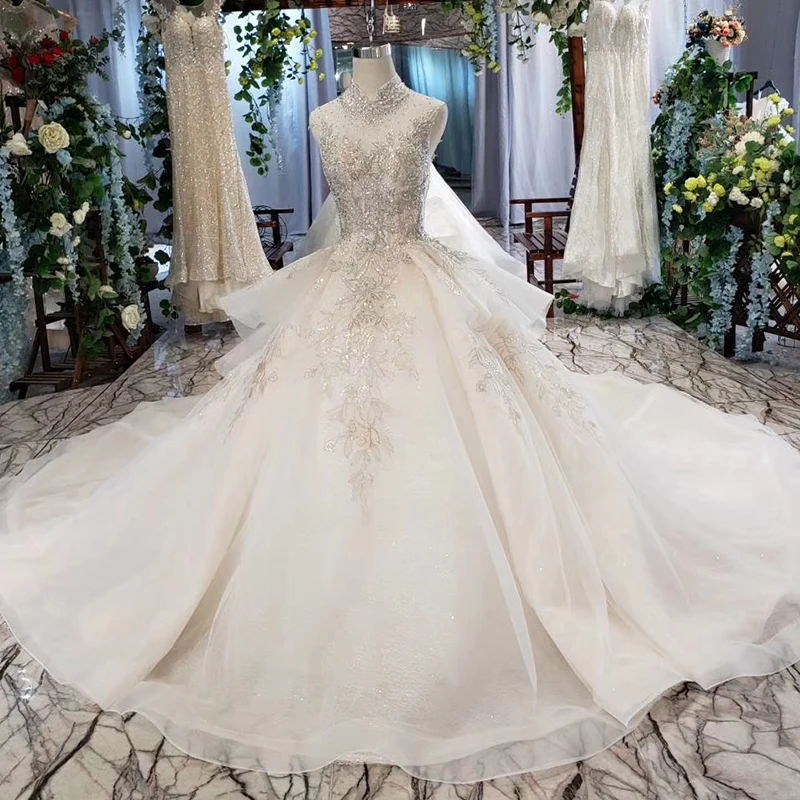 

HTL632 Jancember heavy beaded applique keyhole back high neck lace wedding dress ball gown