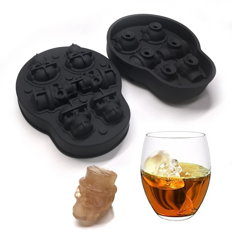

custom logo printed 3d crystal skull silicone ice cube mould tray with lid, Black(accept custom colors)