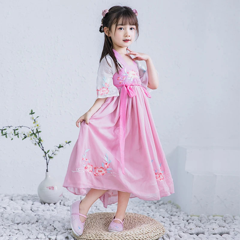 
Traditional Chinese Clothing Kids Embroidery Skirt 2 Piece Set Girls Hanfu Dress Tang Suit 