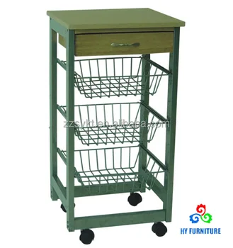 Moving Kitchen Metal Wooden Trolley Cabinet With Baskets And