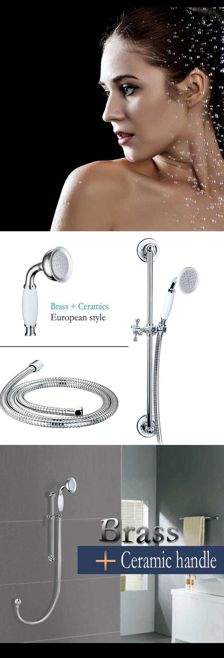 European style Hot sale Brass slide rail set with handshower and 1.5m flexible hose for shower