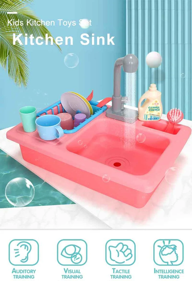 Kids Plastic Kitchen Set Pretend Play Real Faucet Wash Dishes Toy