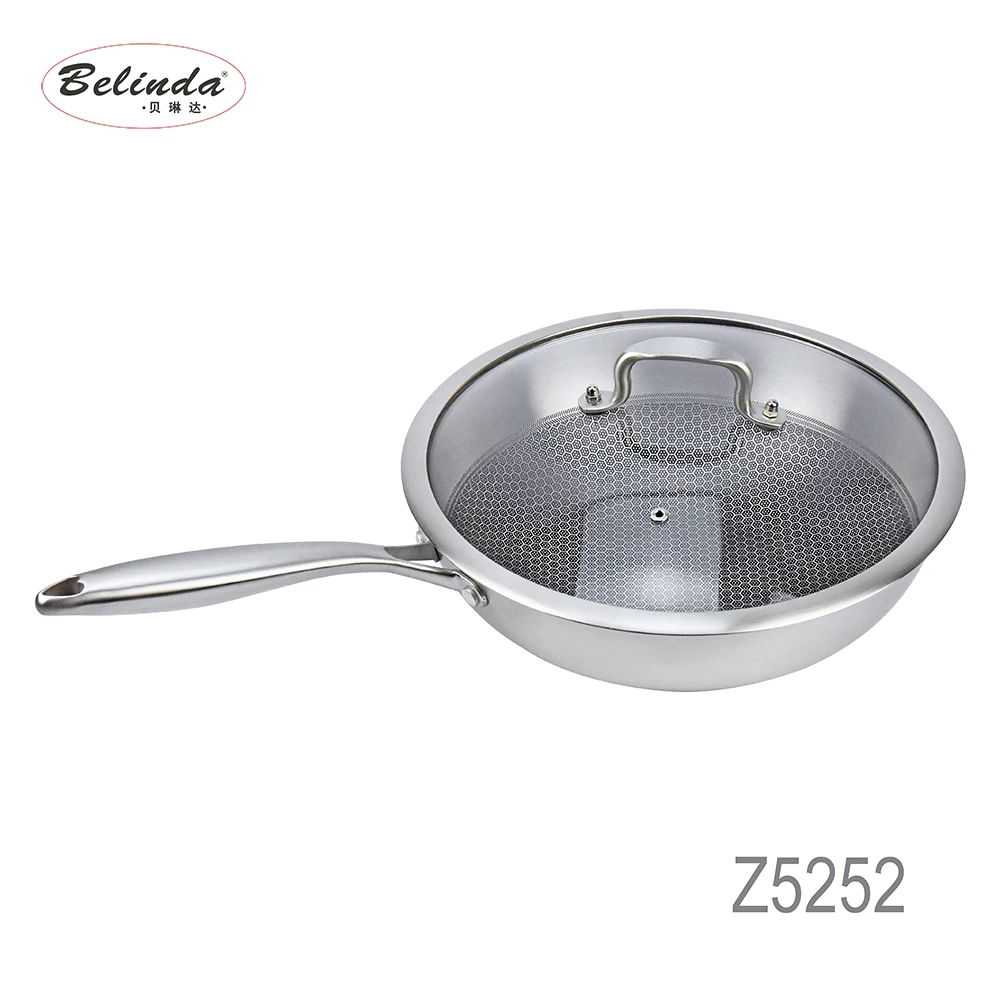 Kitchen Appliance Glass Lid 1.4mm Thickness Stainless Steel Frying Pan with Handle 