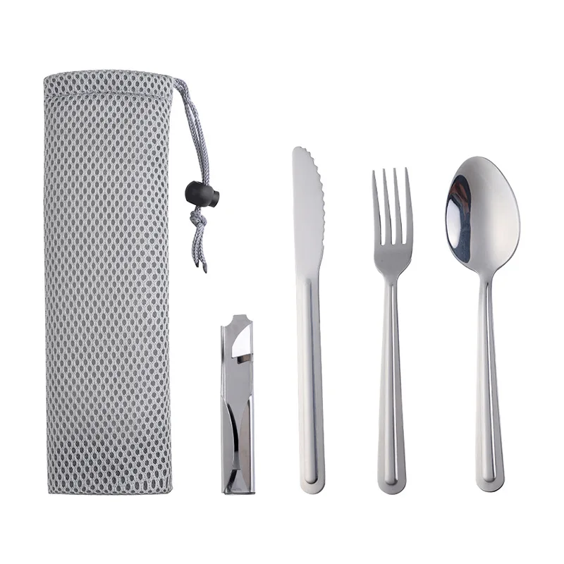

Amazon Hot Sales Outdoor Camping 304 Stainless Steel Spoon Fork and Knife Travel Tableware with Bottle opener, Customized