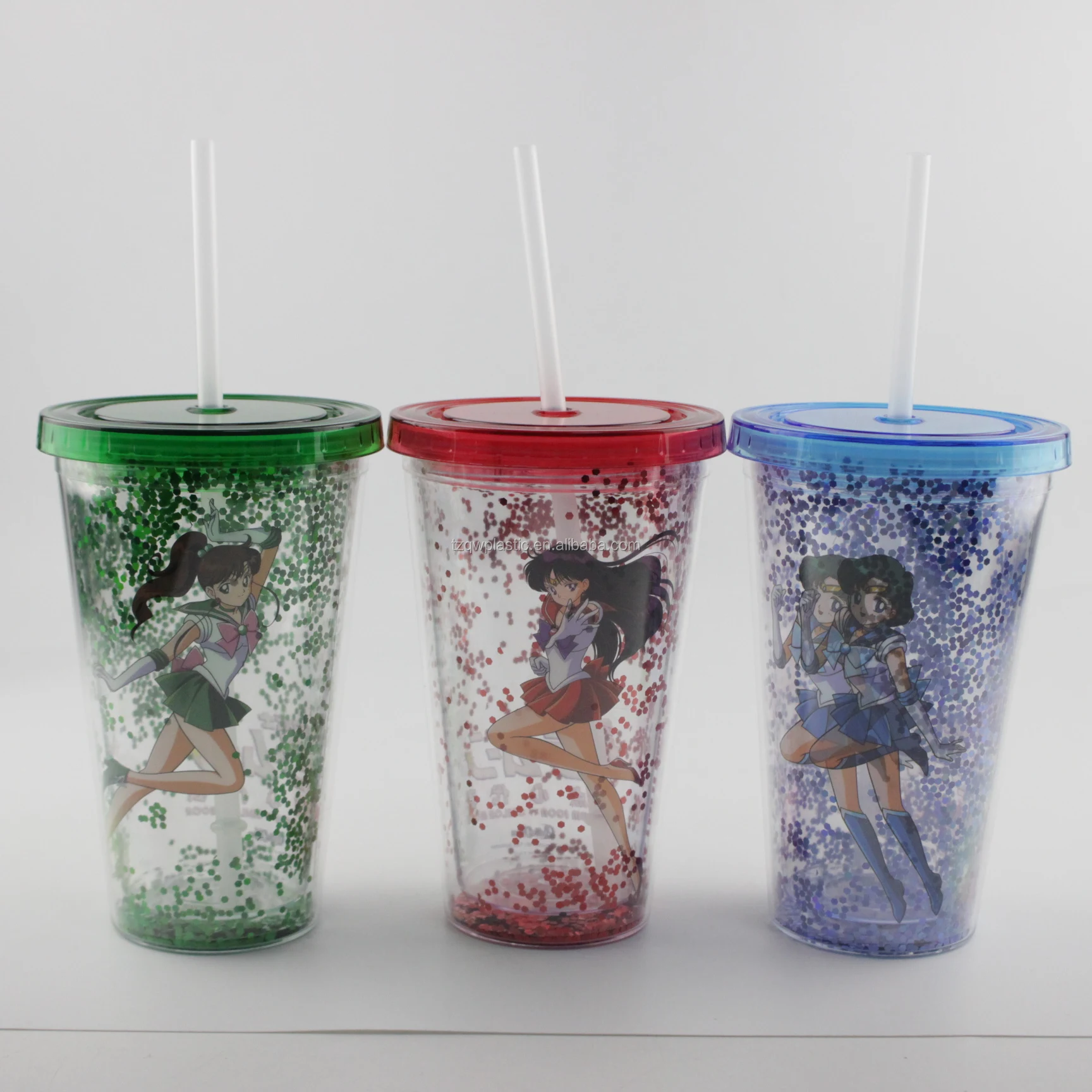 Double Wall Glitter Straw 16oz Plastic Glitter Drinking Tumbler Plastic