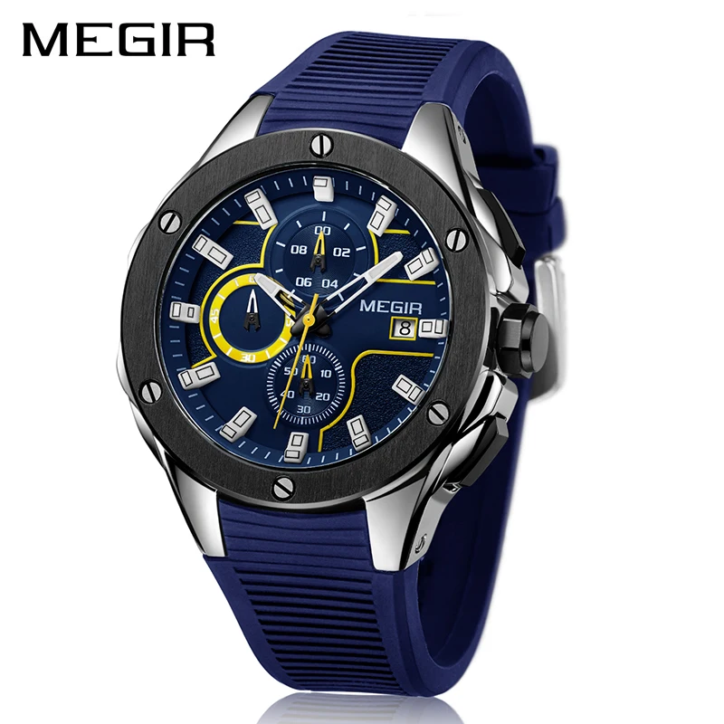Megir Men blue sport watch waterproof Chronograph Silicone Strap Quartz Army Military Watches Clock Men watch