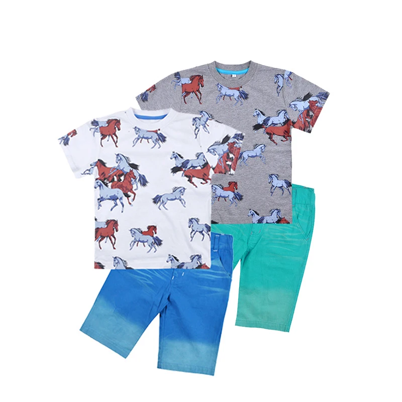 

Boys Summer Clothes Running Horses Printing Kids Boys Shirt Jeans Sets Wholesale
