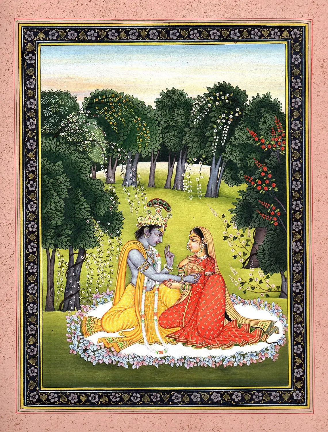 Krishna Appeasing Radha for Not Coming on Time - Water Color Painting on Paper - Artist:Kailash Raj
