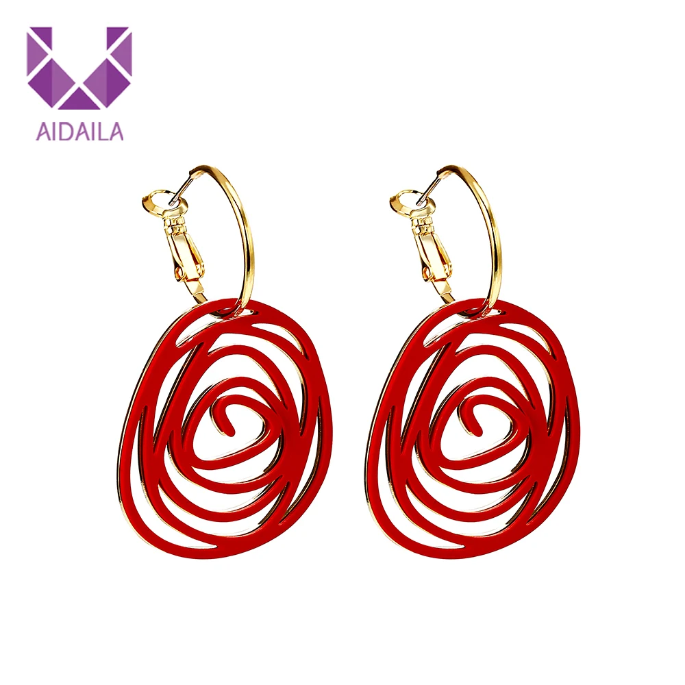 

AIDAILA Latest Design 2019 Gold Design Artificial Red Hollow Flower Drop Earrings For Girls, Picture shows