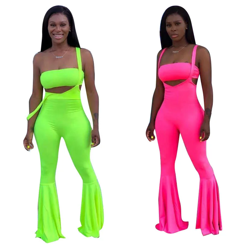 

2019 Women's Solid Colour lime neon green Colour Two Piece Bustier With straight strap jumpsuit Belt Set Wide leg pants, Green pink