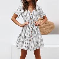 

2019 Custom logo Women Fashion One piece Pleated Polka Dot Short Sleeve Dresses Loose Swing Casual Beach Dress
