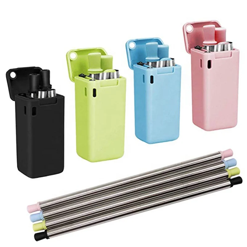 

Amazon hot sell Food grade reusable 18/8 Folding stainless steel metal drinking straws with brush foldable straw, Black;pink;blue;green;grey