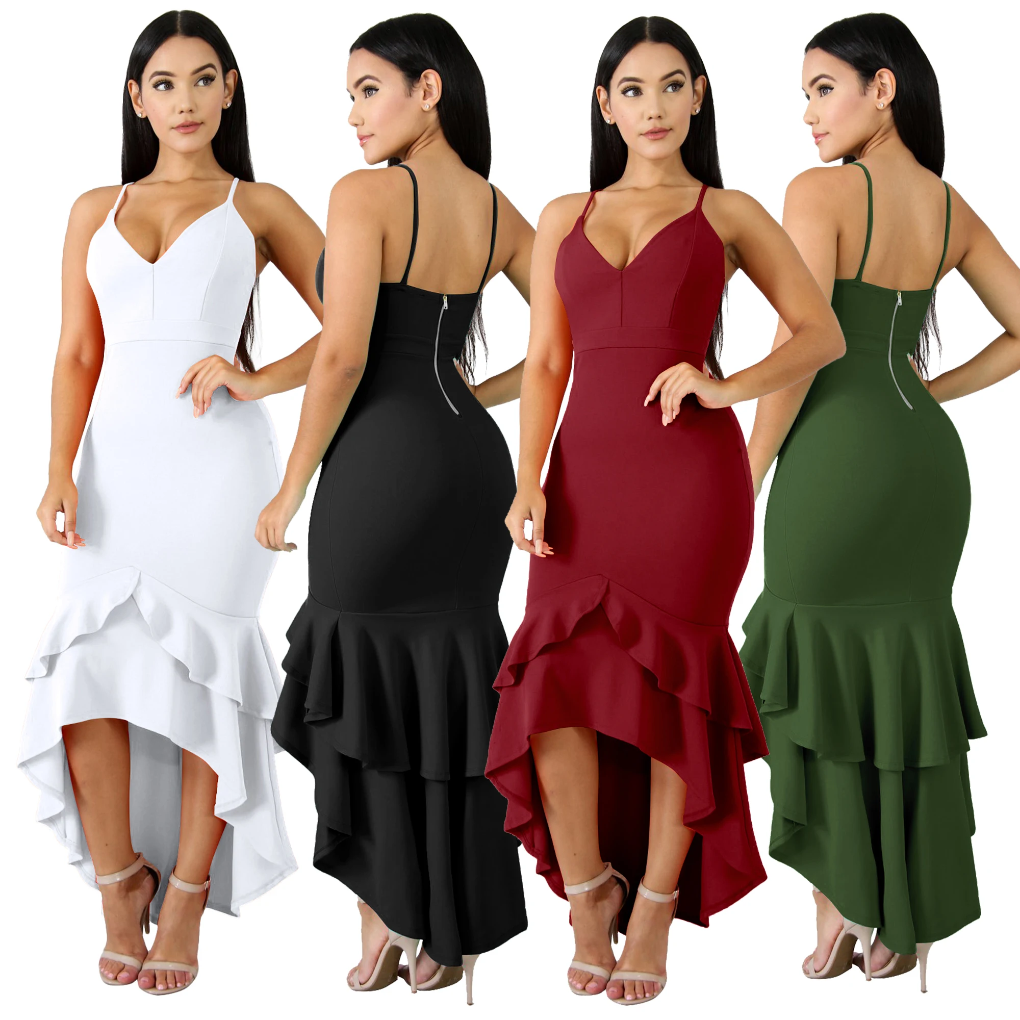 

2329 solid spaghetti strap ruffle women sexy evening party dresses, White;black;red;dark blue;green