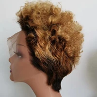 

Pixie cut cute amazing afro curly wave virgin human hair ombre brown #1B/27 short lace front wigs 130% density
