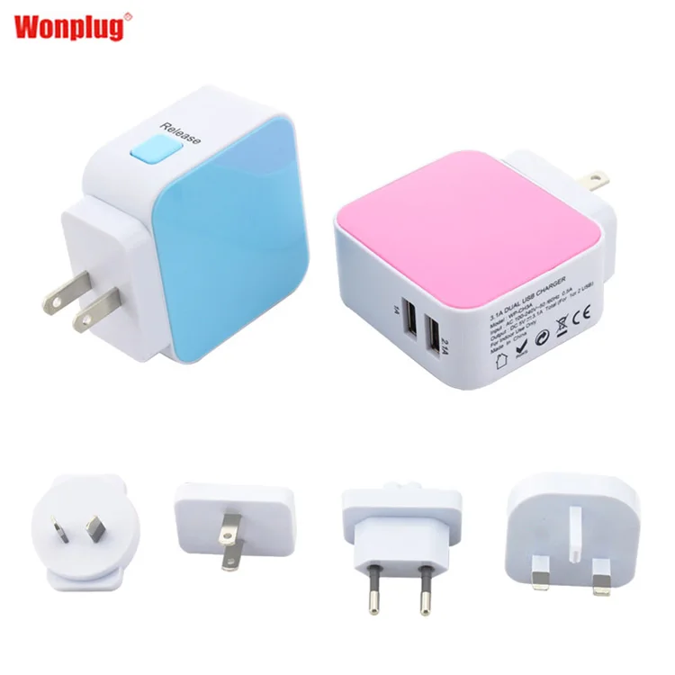

Universal mobile phone world travel charger 2 usb wall charger from wonplug with US/UK/AU/EU plug, Black;white;blue;red;etc.