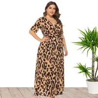 

2019 Floral Print Short Sleeve 3XL Plus Size Maxi Long Leopard Summer Wrap Dress For Women