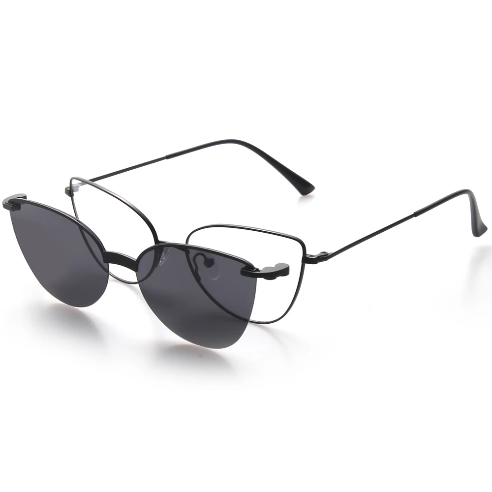 

New Arrival High Quality Ultralight 2 In 1 Fashion Women Metal Cat Eye Optical Frame With Polarized Clip On Sunglasses